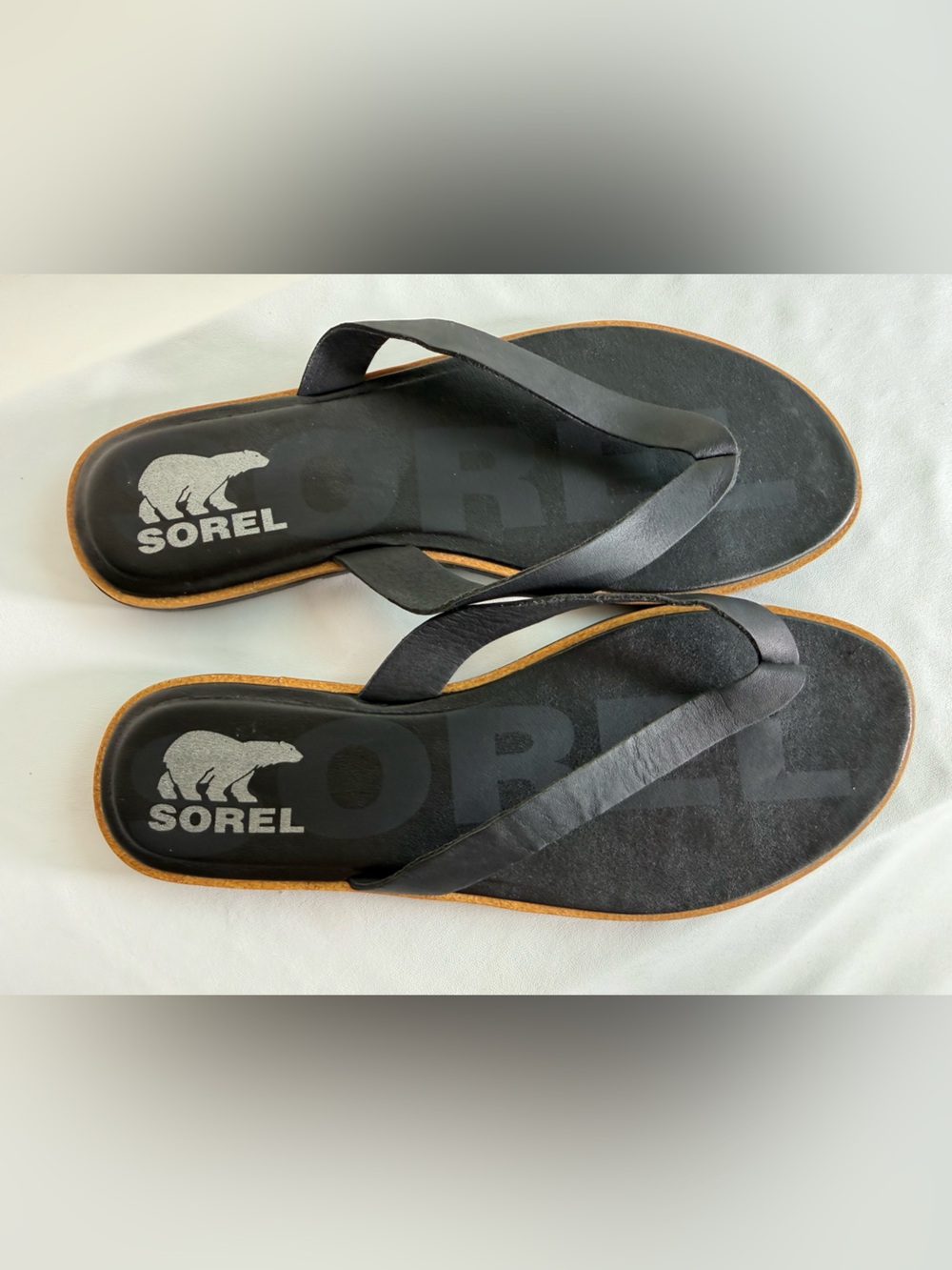 Sorel Ella II Black Easy Flip Flop Leather Slide Sandals Size 8.5 EUC